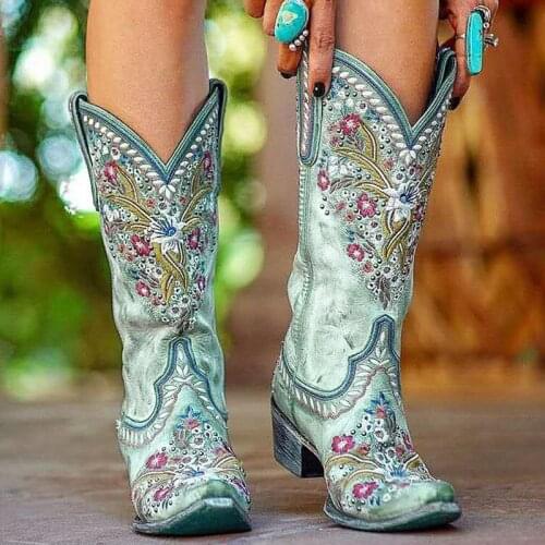 2021 New Fashion Autumn Winter Round Toe High Heels National Style Embroidered Medium Tube Fashion Women Boots Bottine Femme