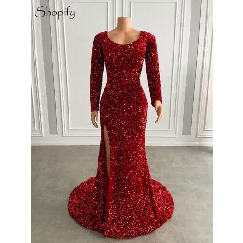 Elegant Long Sleeve Sexy Mermaid Style High Slit Sparkly Sequined African Women Long Red Evening Dresses 2021