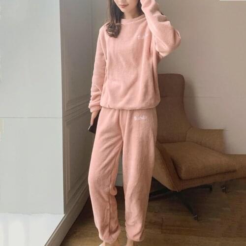 Women Home Wear Suit Autumn Winter Keep Warm Plush Solid Color Long Sleeve Blouse Pant Pajama Set