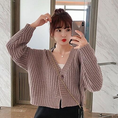 2021 Spring Autumn Womens Retro Style Solid Color One Button Loose V-neck Knitted Cardigan Sweater Womens Jacket Pink White