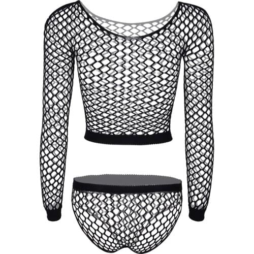 2Pcs Womens Hollow Out Bikini Fishnet Soft Stretchy Babydoll Lingerie Sets Top with Bottoms Underwear