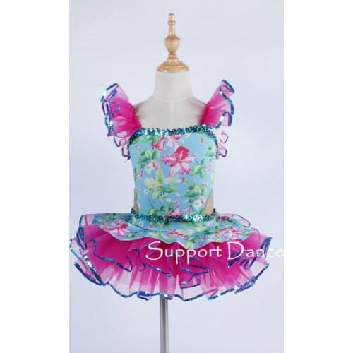 Girls Flower Sequin Neckline Ballet Tutu Dress Women Flutter Sleeve Performance Costume Support Dance C340