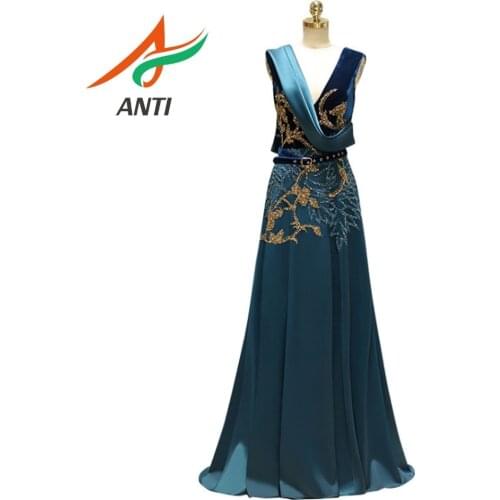 ANTI robe de soiree for Women Luxurious Beaded Velour Applique Long Evening Dresses 2019 Dubai Arabic Evening Gowns abendkleider