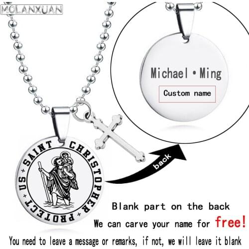 Saint Christopher protect us keychain Stainless Steel Necklace Men Catholic Cross Pendant free engraving Travel blessing jewelry