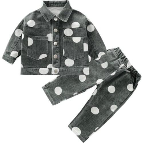 DFXD Children Clothing Sets Cotton Spring Kids Girl Clothes Polka Dot Denim Jacket Coat+Jeans Pant Toddler Suit 2pc Outfit 1-5T