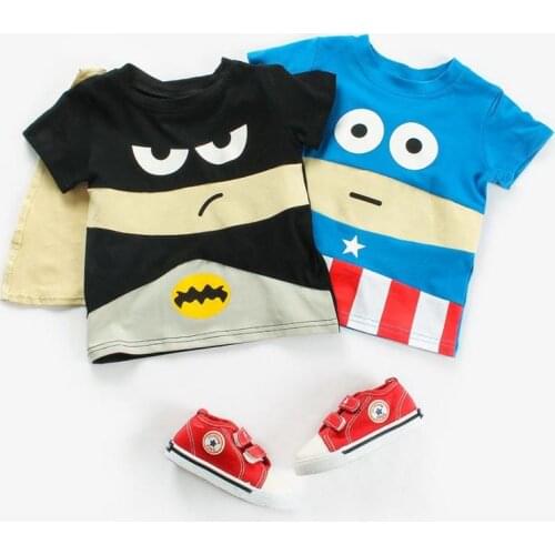 New Summer Kids T-shirt Children Boys Girls Short Sleeve Blue Superhero Tops with Cloak Designer Body Bag at Back For 1-5Y Kids