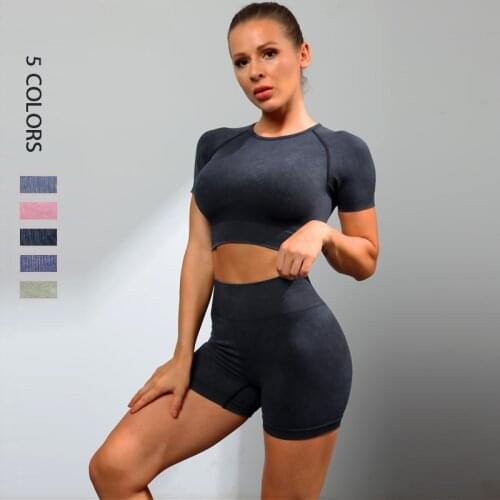 2Pcs/Set Yoga Set For Women Gym Suit Short Sleeve Fitness Wear Workout Clothing Seamless Leggings Sportswear Women Tracksuit