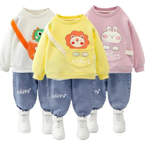 Cute Cross-shoulder backpack Autumn Girls Boys Clothing Set Toddler Cartoon Rabbit Lion Crocodile Blouse + Pants Children Suit