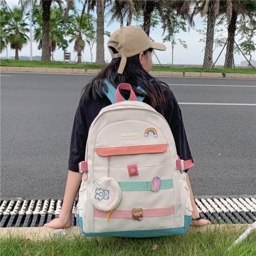 Korea Cartoon Badge Women Backpack Patchwork Rainbow High School Student School Bag Large Capacity Waterproof Canvas Travel Bag