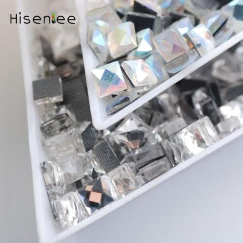 Hisenlee Various sizes Clear AB Crystal Square Glass Stones FlatBack DMC HotFix Rhinestones Strass Square Shape For Clothes
