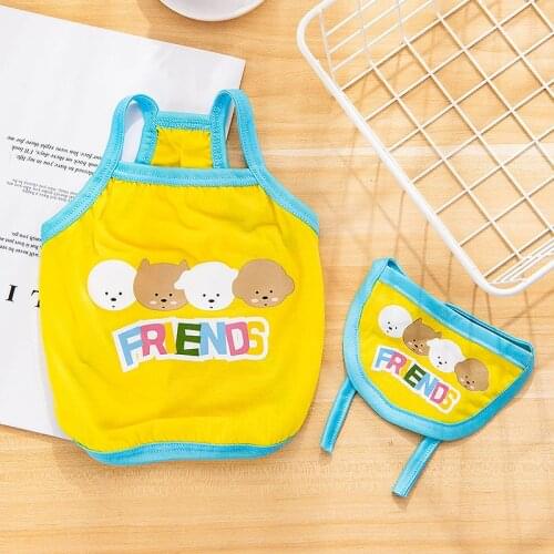 Cute Cartoon Print Puppy Costume Set Bibs Dog Saliva Towel Set Thin Vest Sling Shirt For Medium Small Dogs Pet Summer Clothes