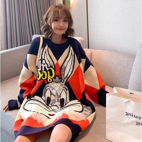 Fashion girl sweater woman sets head 2021 autumn winter new style cartoon casual sweet wind loose large size sweater