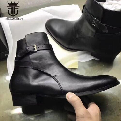 Real Picture Top Quality Handmade MID High Classic Black Cow Leather Ankle Strap Judegur Men Boots Catwalk Men Leather Boots