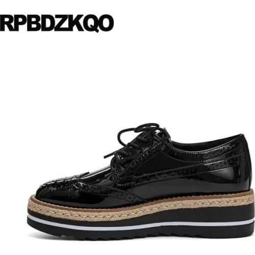 Brogue fashion size 4 34 patent leather shoes china black platform pumps medium heels wedge gun color round toe lace up ladies