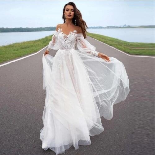 Long Sleeve Sweep Train Bridal Dress Custom Made Princess Wedding Gowns Boho Plus Size 2021 A-line Beach Wedding Dress платье