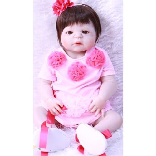 Full body silicone reborn baby dolls lifelike girl bebe 22" reborn bonecas child gift toys pink dress with shoes pacifier bottl
