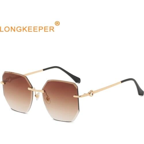 Rimless Sunglasses Women Square Fashion Popular Ladies Shades Oversized Sun Glasses For Female Summer Traveling Double Brown