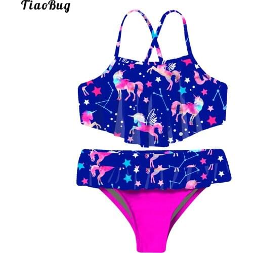 TiaoBug Summer 2Pcs Kids Girls Swimsuit Bikini Spaghetti Straps Criss Cross At Rear Ruffle Hem Tube Top With Bottom Swimwear