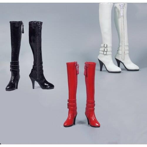 In Stock 1/6 ZY1008 Red/Black High Tube Zipper Female High Heels Leather Boots Shoes Hollow Inside For 12" Action Figure Toys