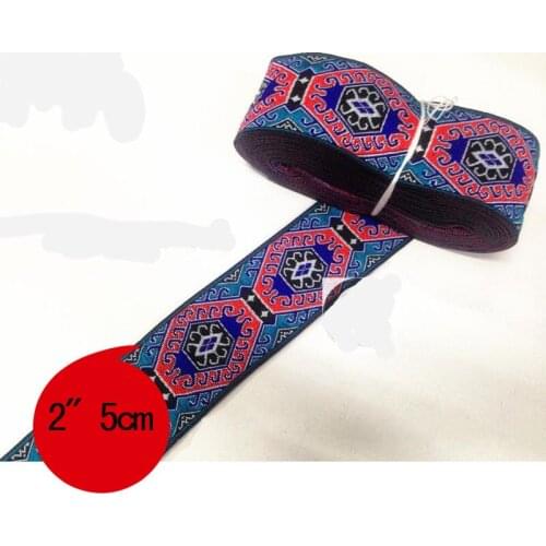 2" 5cmx 8yard RetroBlue background red polygonal decoration Polyester Woven Jacquard Ribbon DIY Accessories lace