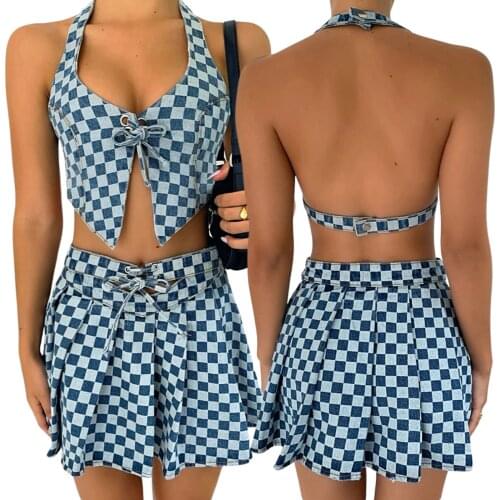 2021 Womens Mini Denim Skirt High Waist Plaid Print Cut Out Lace-Up Pleated A-Line Skirt Sexy Temperament Denim Skirt Tank Top