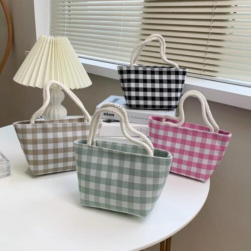 Womens Mini Canvas Shoulder Bag Checked Casual Cotton Handbag Totes Ladies Casual Vintage Purse Cloth Bucket Pouch For Girls