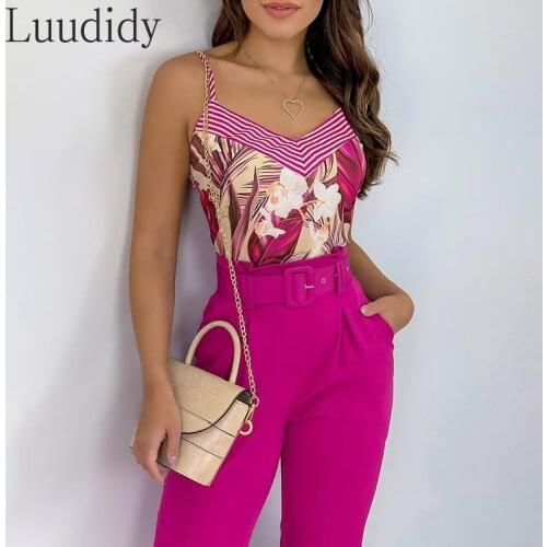 Women Two Piece Set Outfit Floral Print Spaghetti Strap Top & High Waist Pants Set