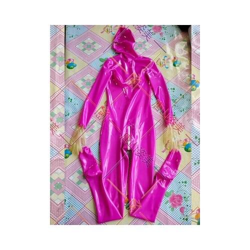 WOMEN PINK LATEX CATSUIT WITH TRANSPARENT GLOVES FULL COVER 3D BREAST BACK ZIP CUSTOMIZED