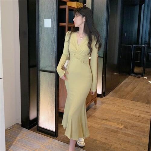 High Waist Slim Bottom Sexy V Neck Long Sleeve Black Mermaid Dress Women Cotton Vestido De Mujer Wild Autumn Trumpet Robe