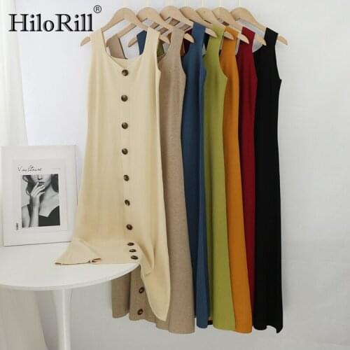 HiloRill Women Chic Knitted Midi Dresses Solid V Neck Sleeveless Base Dress 2021 Single Breasted Casual Sling Dress Robe Femme