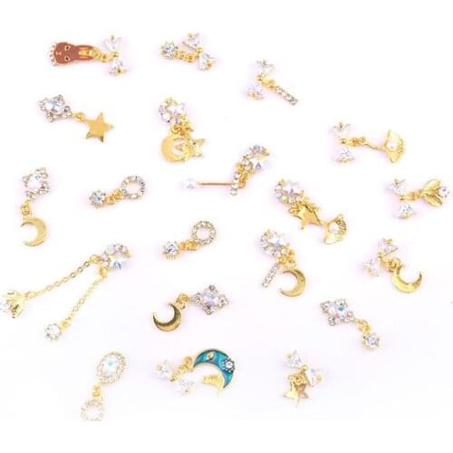 10Pcs/Set 19 Style 3D Moon/Star/Gems Chain Nail Rhinestones Jewelry Nail Art Crystal Metal Decorations Pearl Charm Pendant HJ0