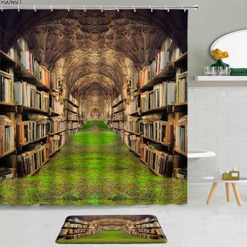 2Pcs Bookshelf Vintage Library Shower Curtain Ancient Architecture Creative Books Fabric Non-Slip Bath Mat Bathroom Curtains Set