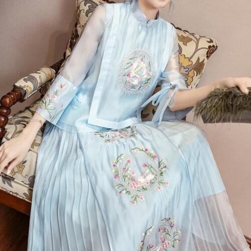 2021 chinese traditional cheongsam top+skirt women chiffon blouse mesh floral embroidery china clothing qipao set tang suit