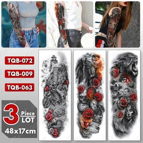 3 pcs/lot Large Arm Sleeve Tattoo Rose Wolf Waterproof Temporary Tatto Sticker Dragon Skull Body Art Full Fake Tatoo Women Men