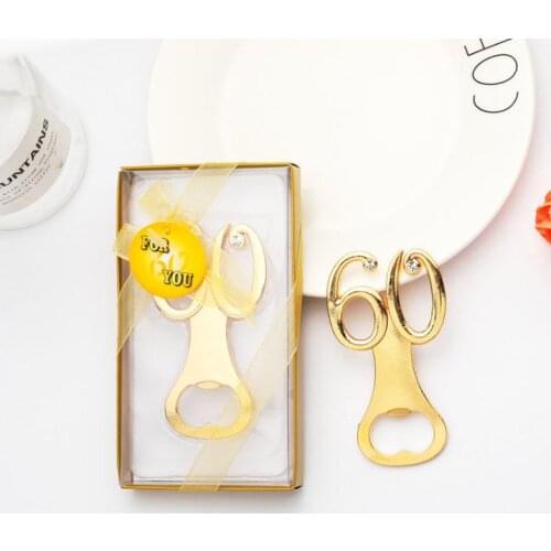 80PCS Gold 60th Design Bottle Opener Wedding Birthday Anniversary Gift Number 60 Metal Beer Openers Bridal Shower Favors SN1300