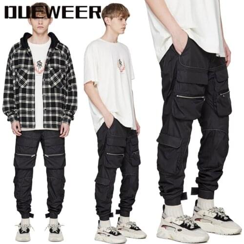 Dueweer Men Multiple Pockets Hip Hop Biker Cargo Pants Handsome Streetwear Function Joggers Velcro Strap Closure Trousers