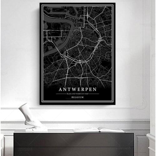 Black City map ANTWERPEN Poster Print Painting Canvas Art Wall Abstract Pictures for living room home Decoration framed STJK16