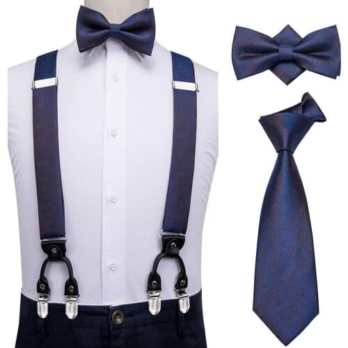 Hi-Tie Fashion Royal Blue Suspenders for Pants Leather 6 Clips Braces Vintage Mens Bow Tie and Suspender for Men 3.5cm Width