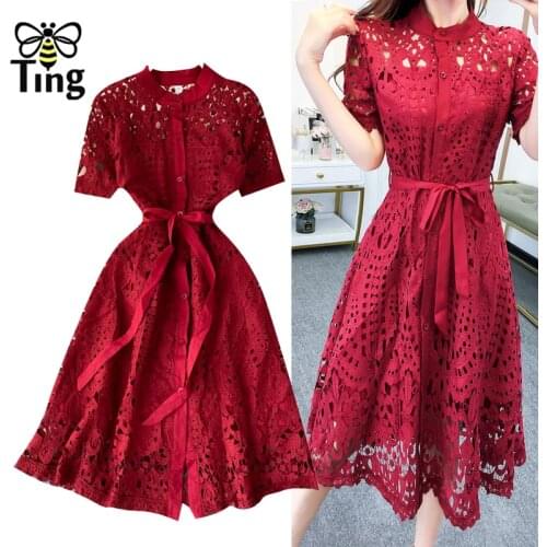 Tingfly Summer Fashion Dress Single Breasted Hollow Cut Out Casual Street Dress Women Lace Vintage Dress Fashion Clothing Elbise