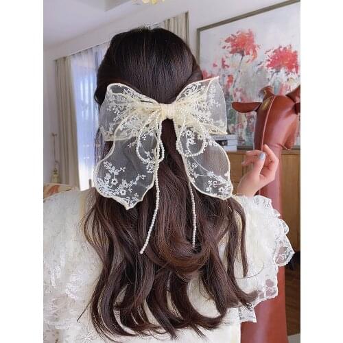New super fairy lace bow hairpin pearl tassel top with girl retro temperament hairpin subnet headdress