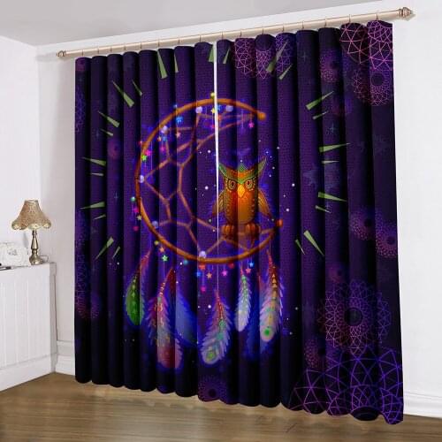 Owl Window Curtain 2 Panels Cartoon Feather Window Drapes 3D Print Purple Background Window Treatment Home Room Parlor Curtain