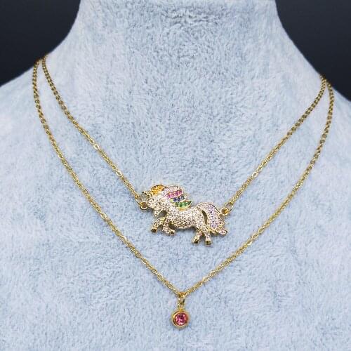 2PCS AFAWA Zircon Copper Stainless Steel Necklace Women Gold Color Unicorn Layered Necklace Jewelry colgantes mujer moda N66S05