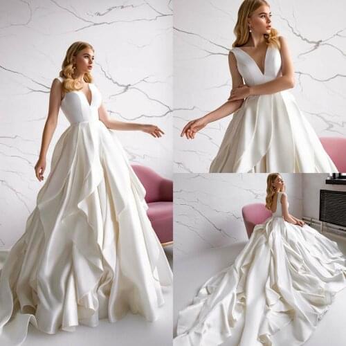 2020 Wedding Dresses Sexy Deep V Neck Lace Appliques Bridal Gowns Backless Sweep Train A Line Wedding Dress Robe De Mariee