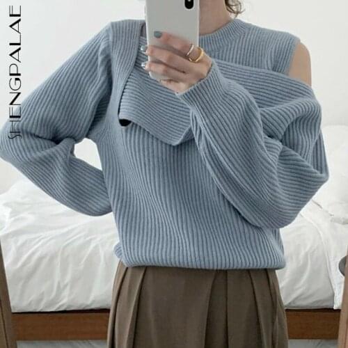 SHENGPALAE Fashion Temperament Round Neck Hollow Out Off Shoulder Stitching Loose Long Sleeve Sweater Female Tide 2021 5E3253