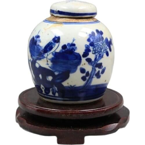 Qing kangxi year year blue and white flower bird tea can collection household articles