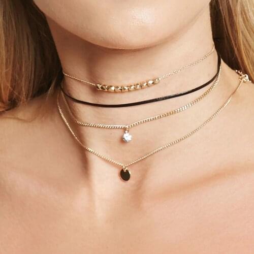 Sequin Rhinestone Pendant Choker Necklace Female Gold Color Clavicle Chains 2019 Fashion Jewelry Multi-layer Necklaces for Women