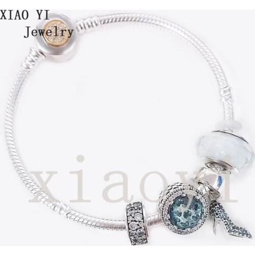 XIAOYI 2020 new 100% S925 Blue and white high heels crystal zircon glass beads simple for girls bracelet birthday gift female