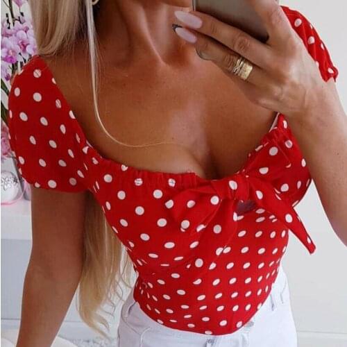 Sexy Women Boho Dot Print Ruffle Short Sleeves Shirt Bowknot Bandage Slim Blouse arrival Ladies Summer Casual Tops Blouse S-XL
