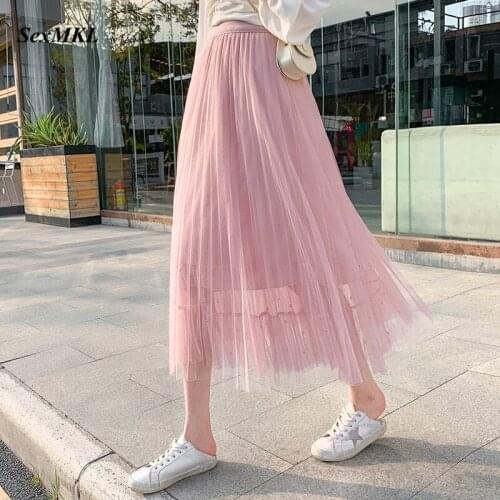 Long Tulle Midi Skirts Womens 2021 Summer Elastic High Waist Mesh Tutu Pleated Skirts Female Black White Long Skirt Streetwear