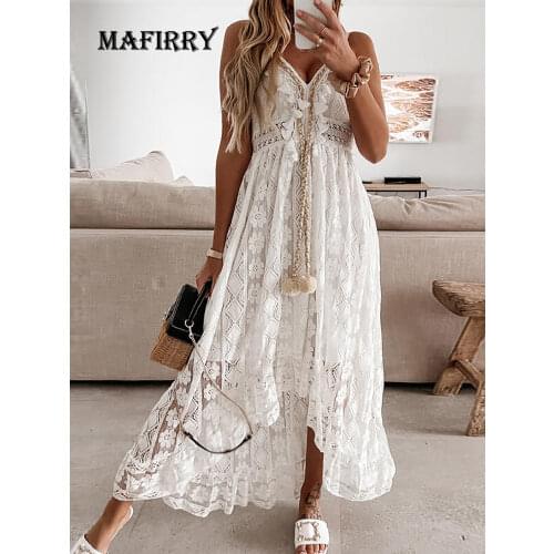 2021 Summer Casual V-Neck Lace Patchwork Dress Women Mid-Calf Dress Sexy Hollow Out Sleeveless Spaghetti Strap Dress Vestidos